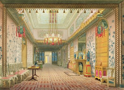 Le couloir ou longue galerie dans sa phase finale, des vues du Royal Pavilion, Brighton par John Nash, 1826 - English School